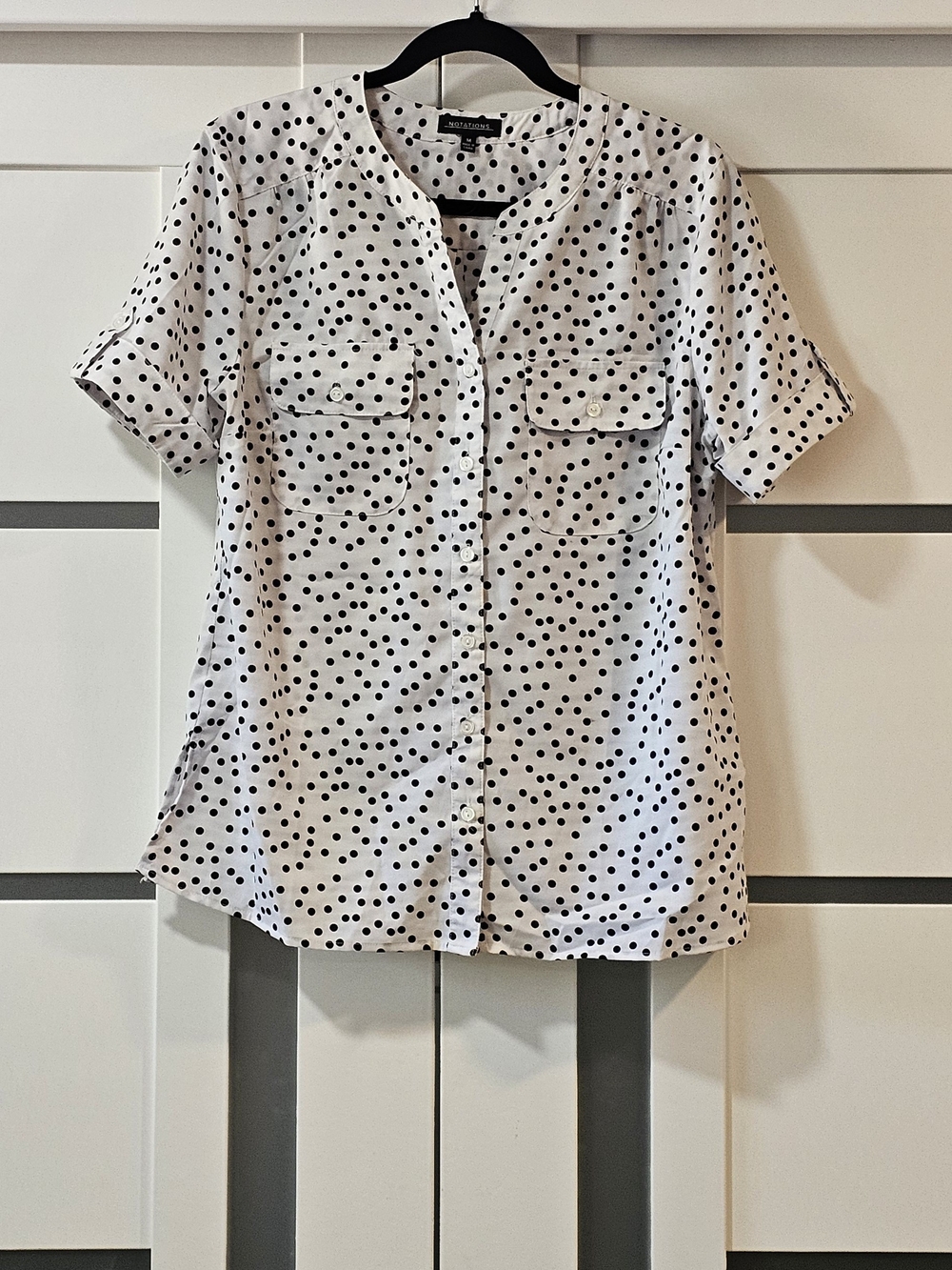 Notations White Short-Sleeve Button-Front Top with Black Polka Dots